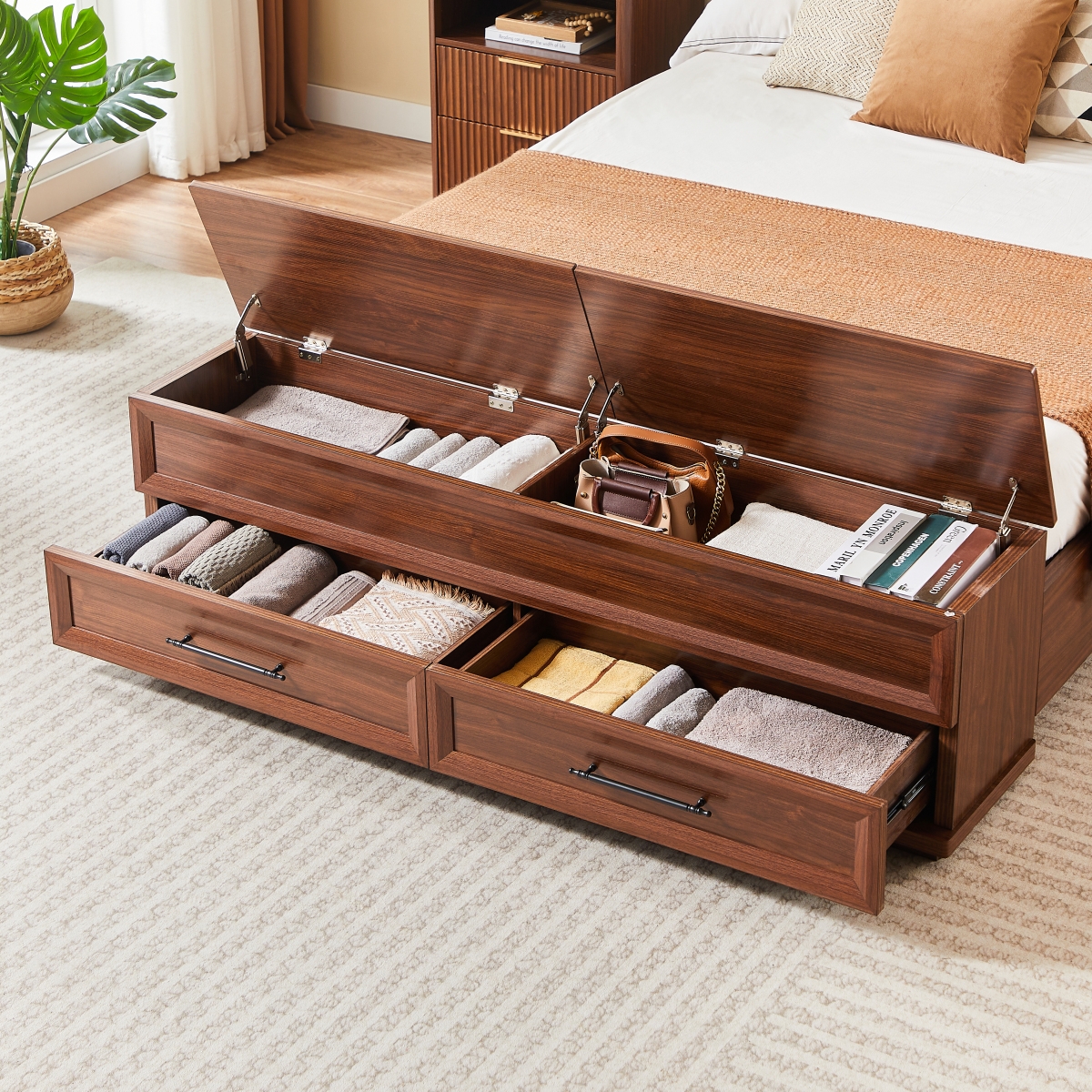 Streamdale Furniture Queen Bed with 3D Geometric Headboard, Storage Bench and 4 Drawers