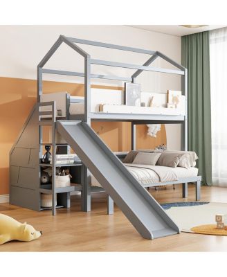 House-Shaped Twin/Full Bunk Bed with Slide, Storage Stairs