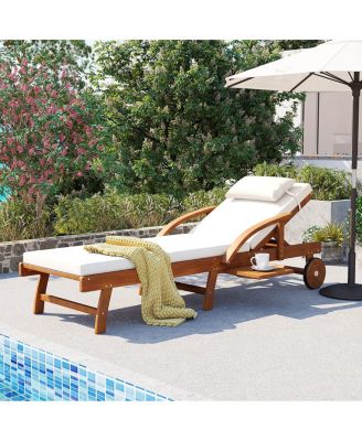 77.5" Adjustable Acacia Wood Outdoor Lounge Chair with Cushions and Side Tray