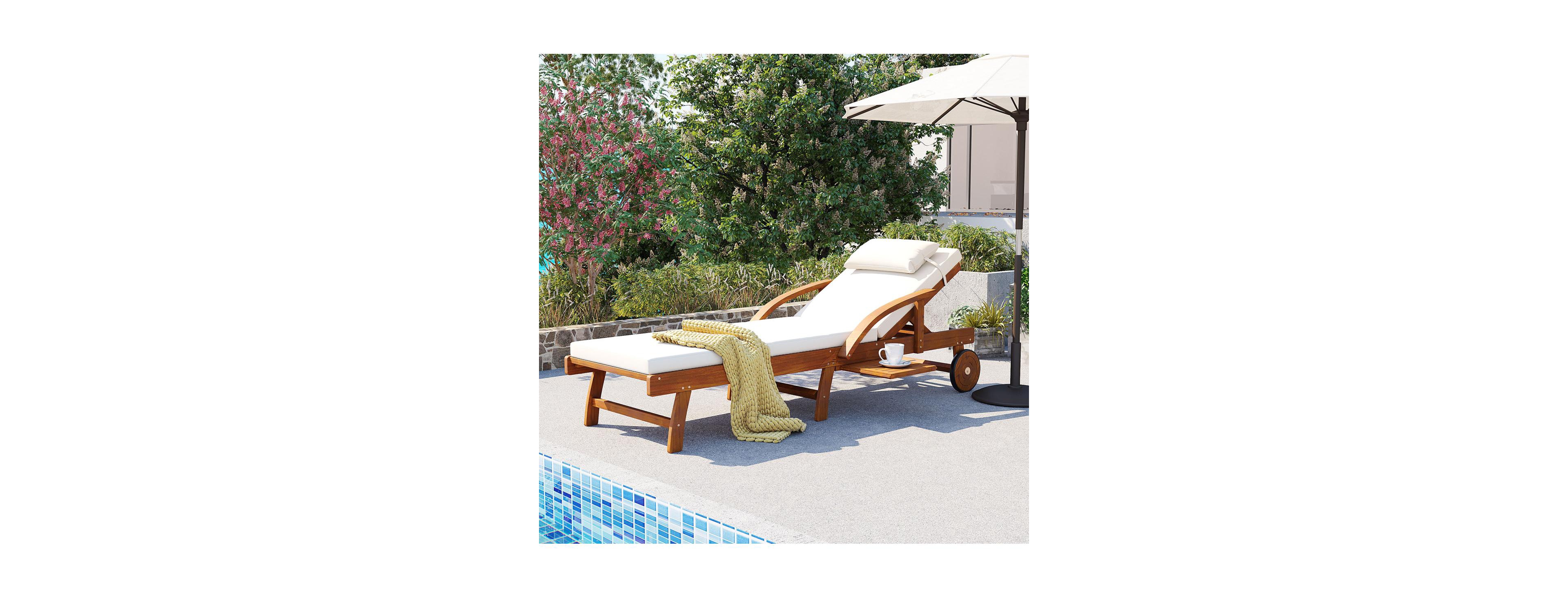 Streamdale Furniture 77.5" Adjustable Acacia Wood Outdoor Lounge Chair with Cushions and Side Tray