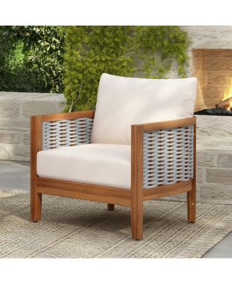 Streamdale Furniture - Outdoor Woven Rope Armchair with Acacia Wood Frame and Cushions Teak+ beige
