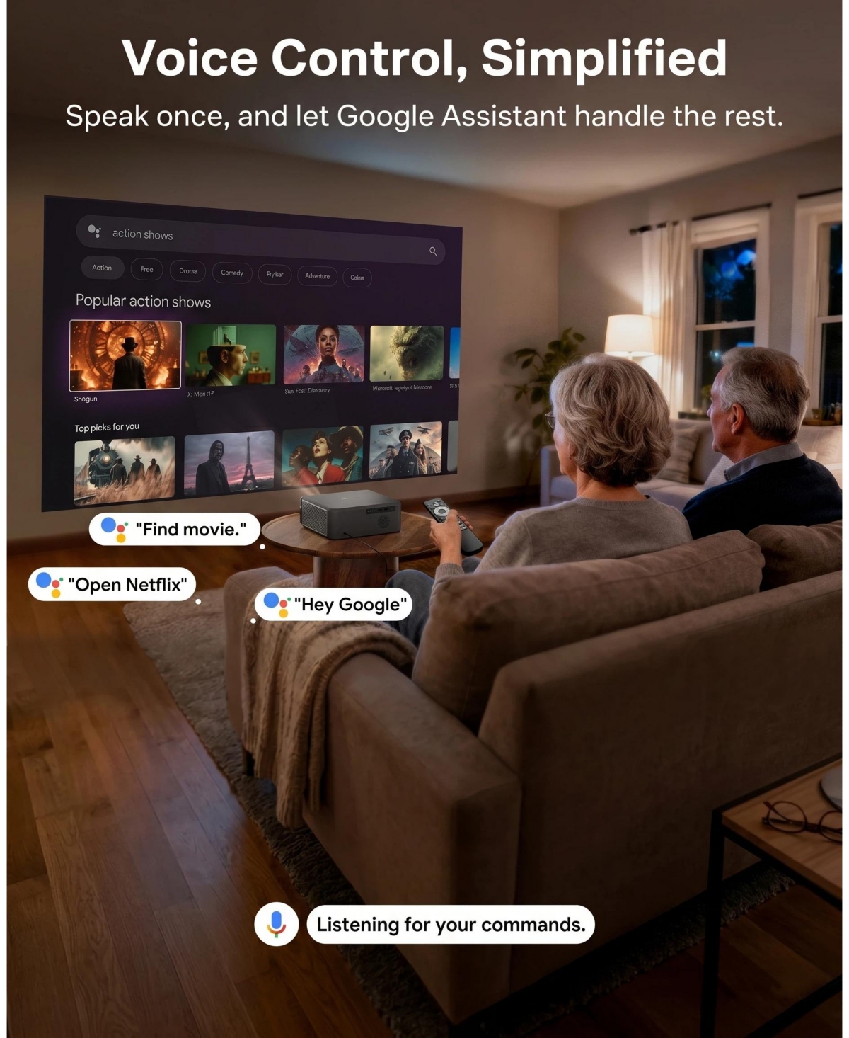 Aurzen Portable Home Theater Projector with Latest Google Tv Built-in, 1000 Ansi Lumens, Memc Tech, 4K Support, 20W DoIby Audio, Fully Automatic