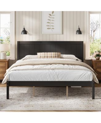 King Espresso Platform Bed Frame with Headboard and Wood Slats