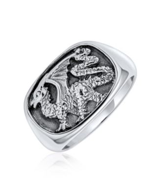 Men's Statement Dragon Signet Ring Rectangle Gothic Shield Oxidized .925 Sterling Silver
