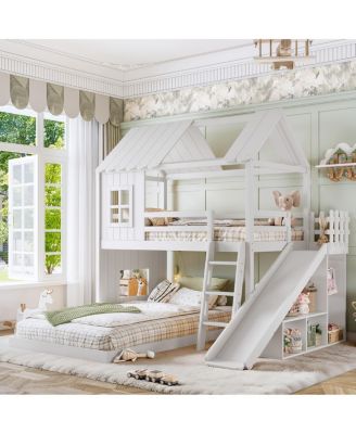 Twin over Full House Bunk Bed with Slide, Storage, and Wardrobe