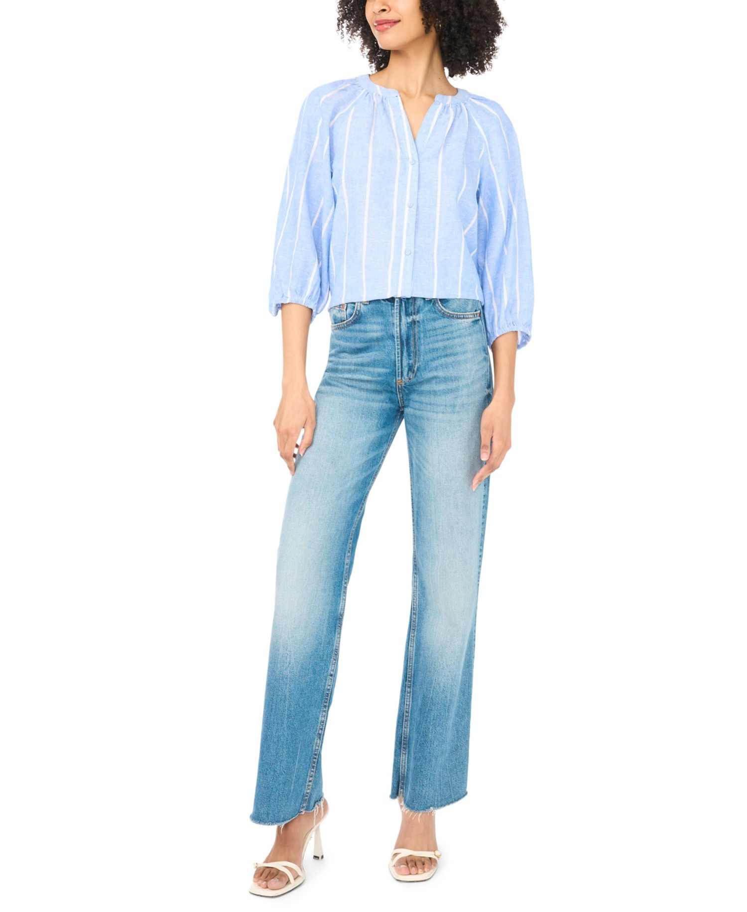 Women's V-Neck Raglan-Sleeve Button-Down Blouse