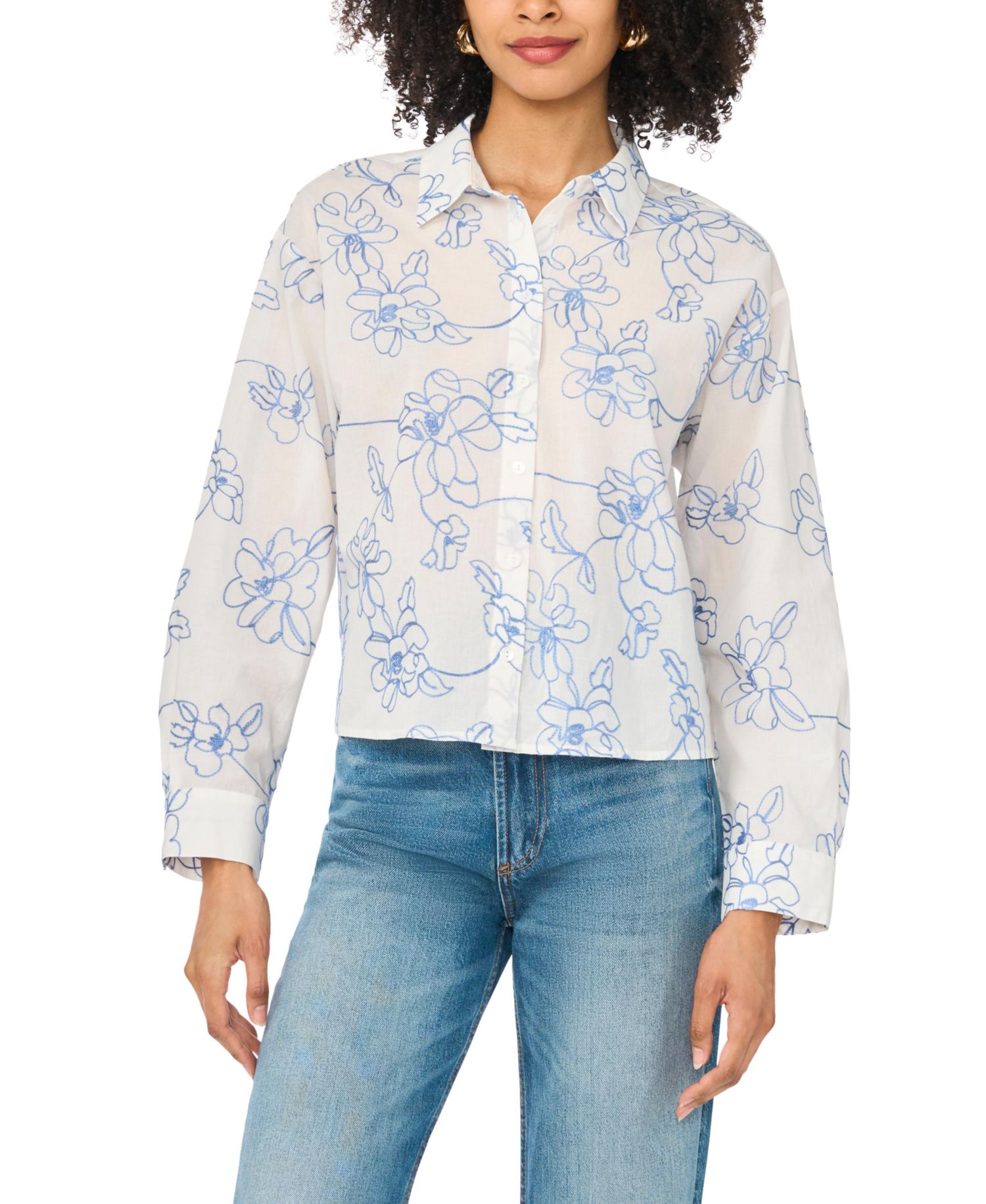 Women's Cropped Embroidered Button-Down Blouse