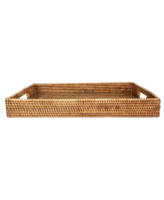 Rectangular Rattan Tray with Cutout Handles and Glass Insert