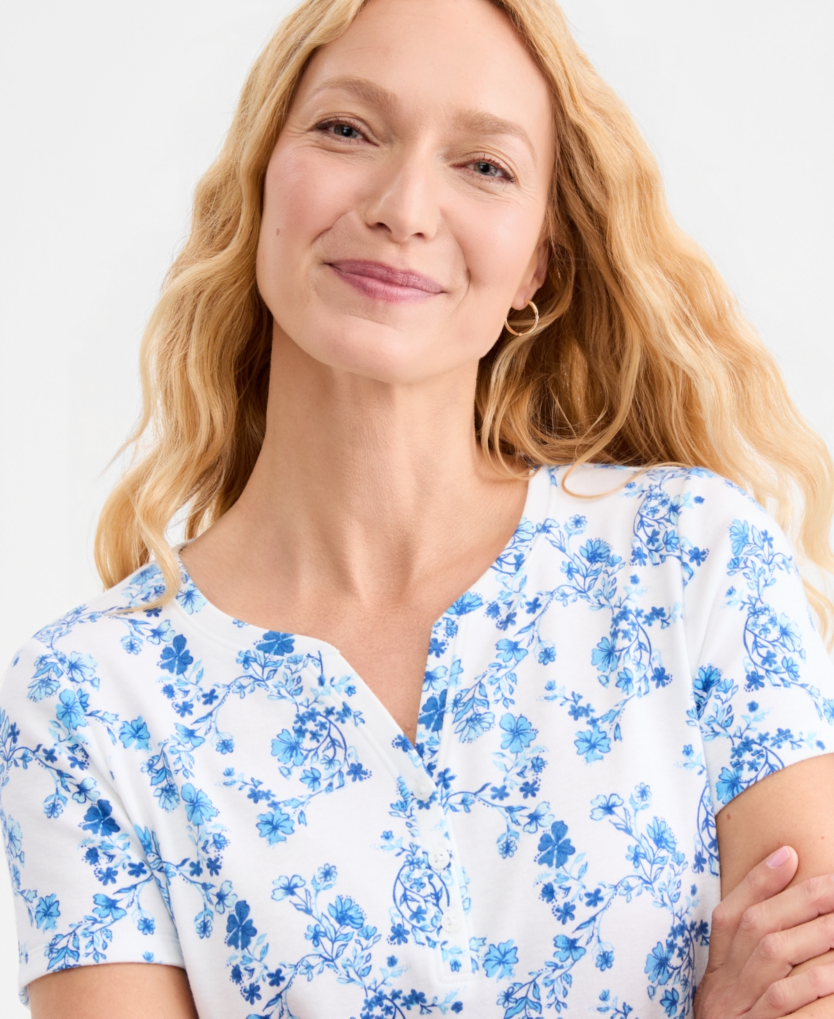 Style & Co Women's Printed Short-Sleeve Henley Top, Macy's Exclusive