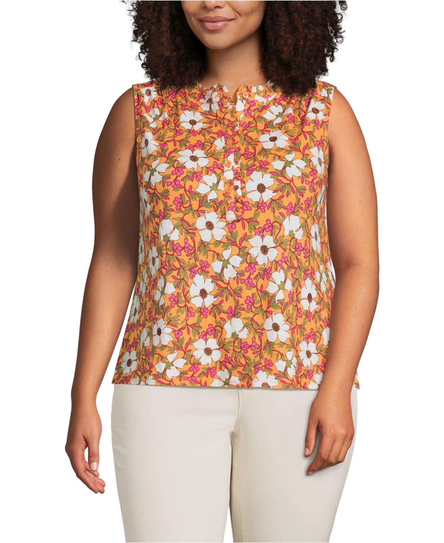 Plus Size Linen Blend Ruffle Trim Tank Top