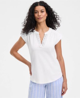 Women's Cap Sleeve Lightweight Jersey Lace Shoulder Tee