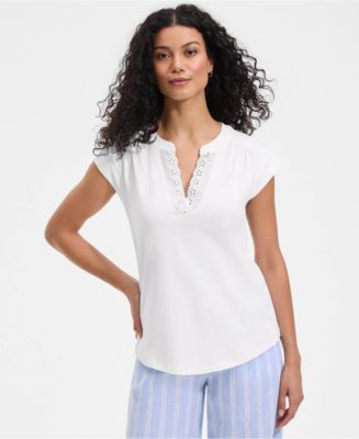 Lands' End Women's Cap Sleeve Lightweight Jersey Lace Shoulder Tee
