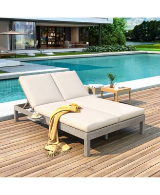  5-Position Adjustable Double Outdoor Chaise Lounge with Cushions and Side Trays