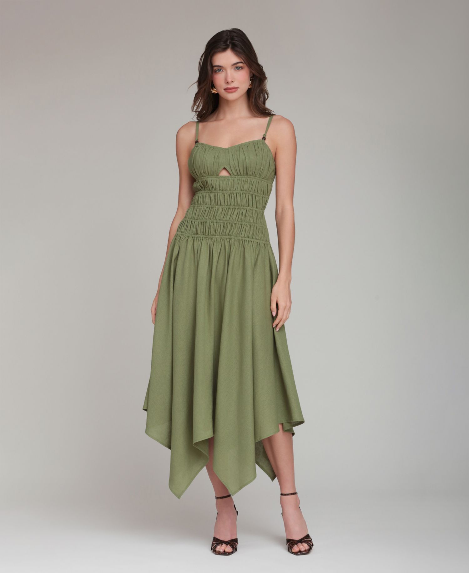 Women's Shirred Handkerchief Hem Linen Blend Asymmetric Midi Dress