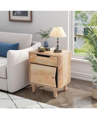 Modern Nightstand, Wood Bedside Table with Drawer, Storage Cabinet and Cut Out Handles Design for Bedroom