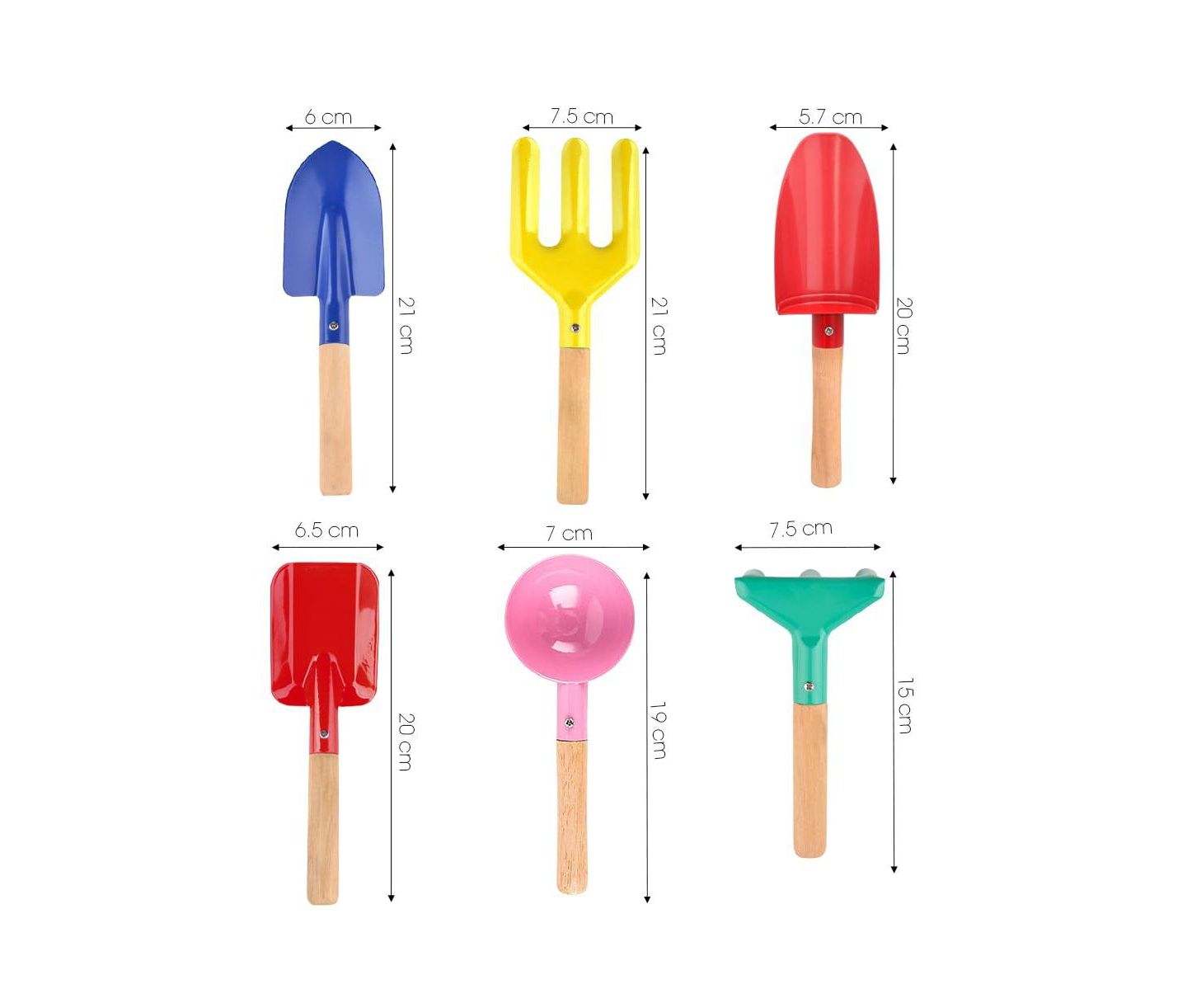 Детские игрушки GNUADZ Metal Sandbox Beach Toys 6-Piece Garden Tool Kit with Spoon, Fork, Trowel, Rake and Shovel, Ages 4-8, цвет: Разноцветный — фото 3