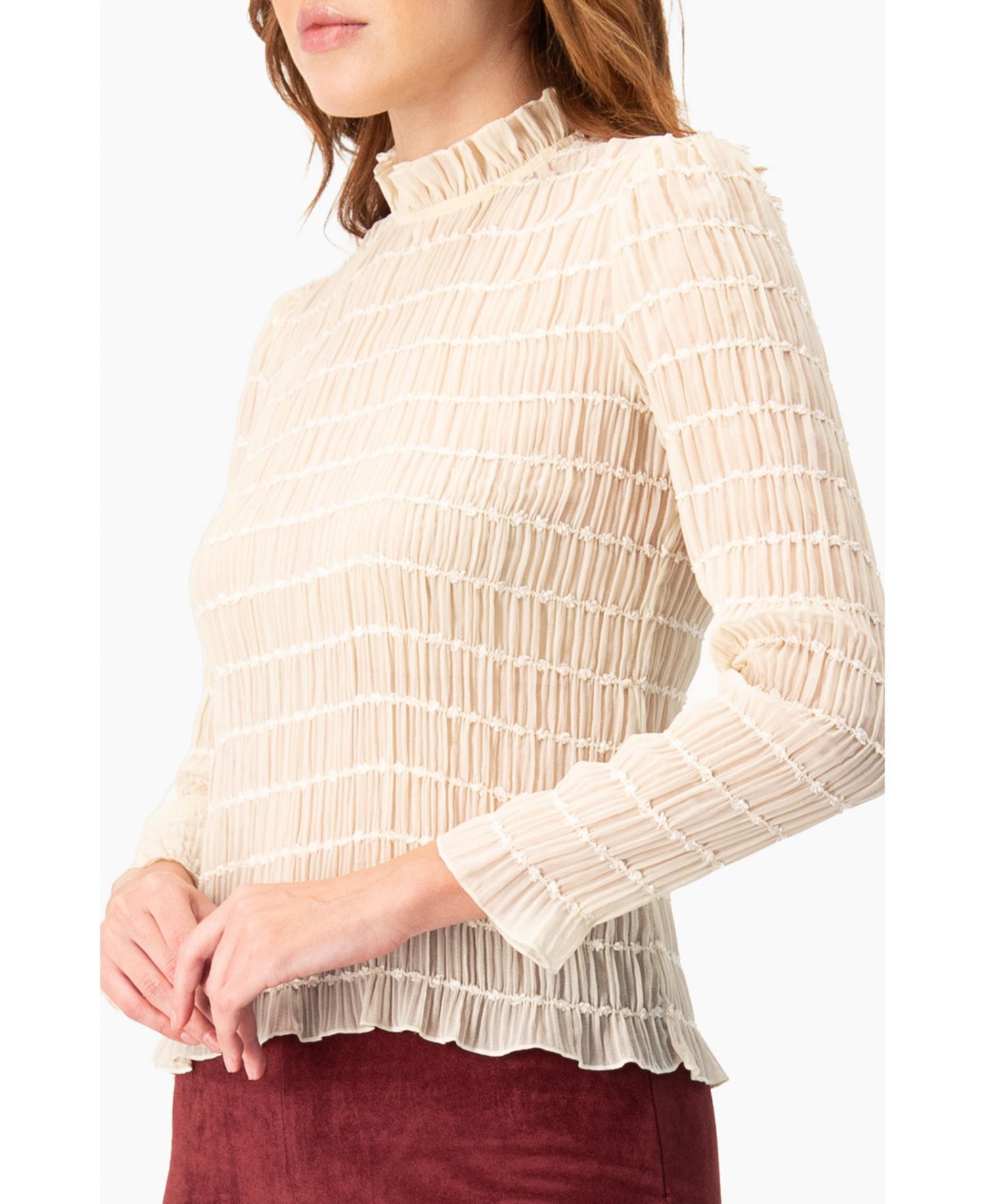 Women's Textured Long Sleeve Blouse with High Neck