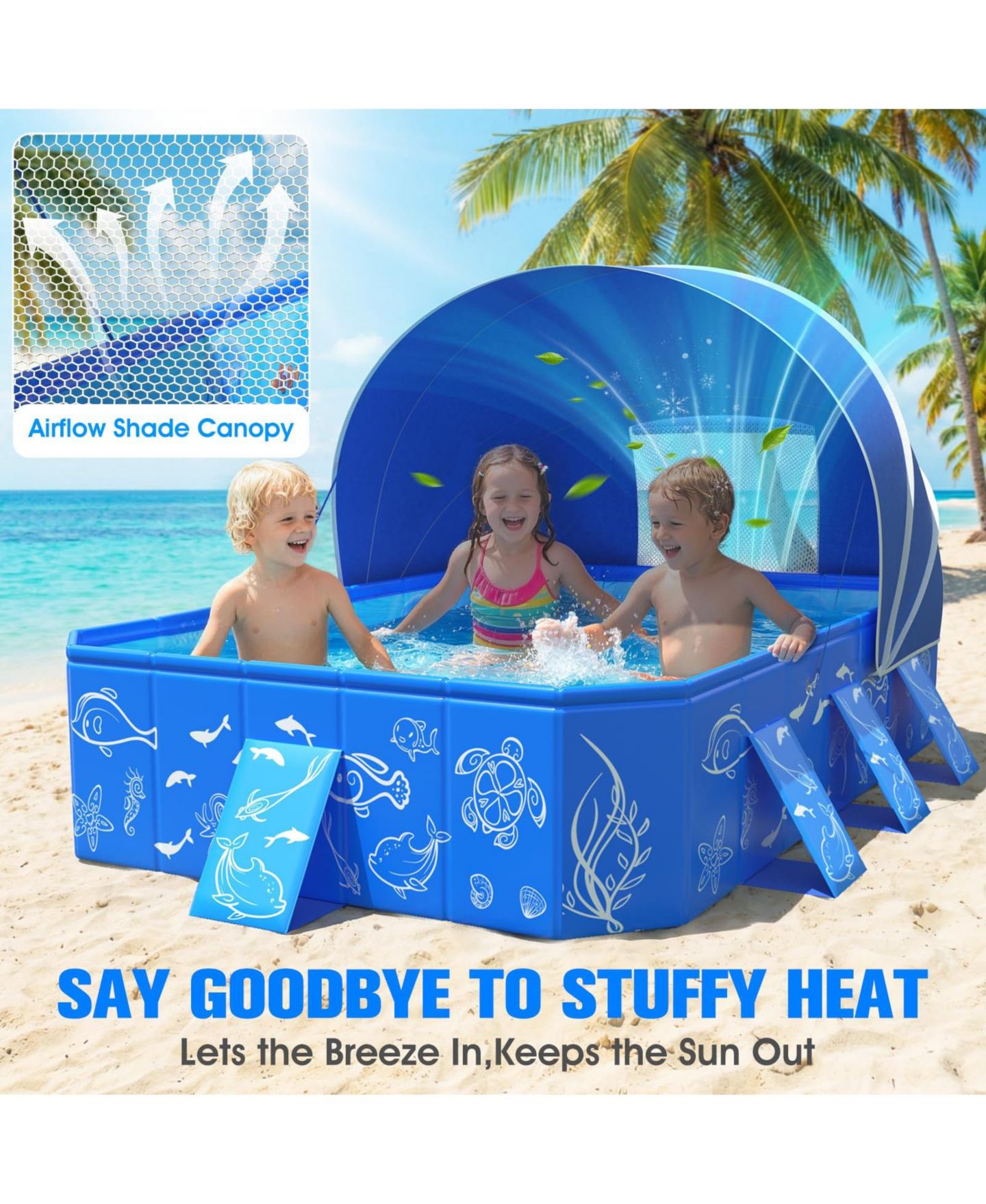 Детская игрушка GNUADZ Non-Inflatable Pop-Up Foldable Kiddie Pool with Canopy, 53"L x 40"W x 33"H, Ages 5+, цвет: Синий — фото 3