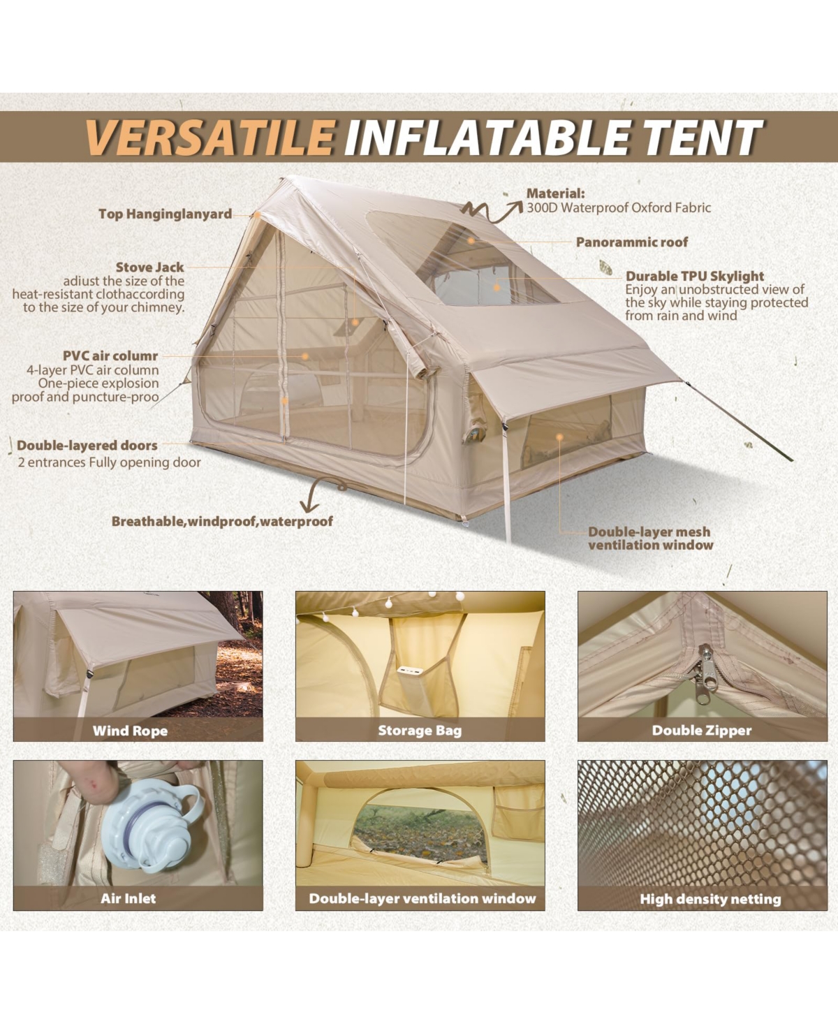Naturehike Large Inflatable Camping Tent with Stove Jack Instant Waterproof Blow Up Air Glamping Tent with Skylight for Family 4-6 Person 4 Season