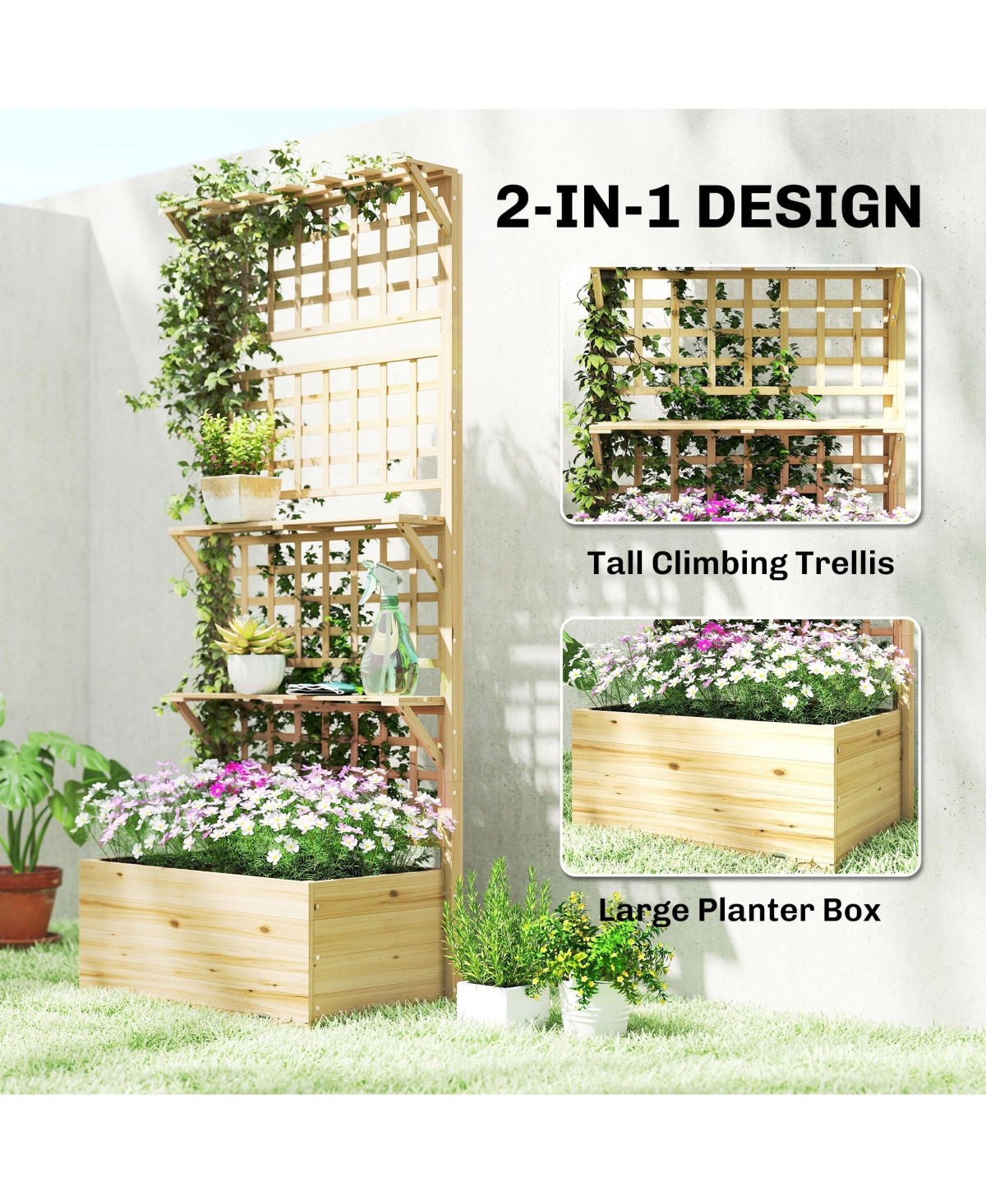 Outsunny Raised Garden Bed with Trellis and Storage Shelves