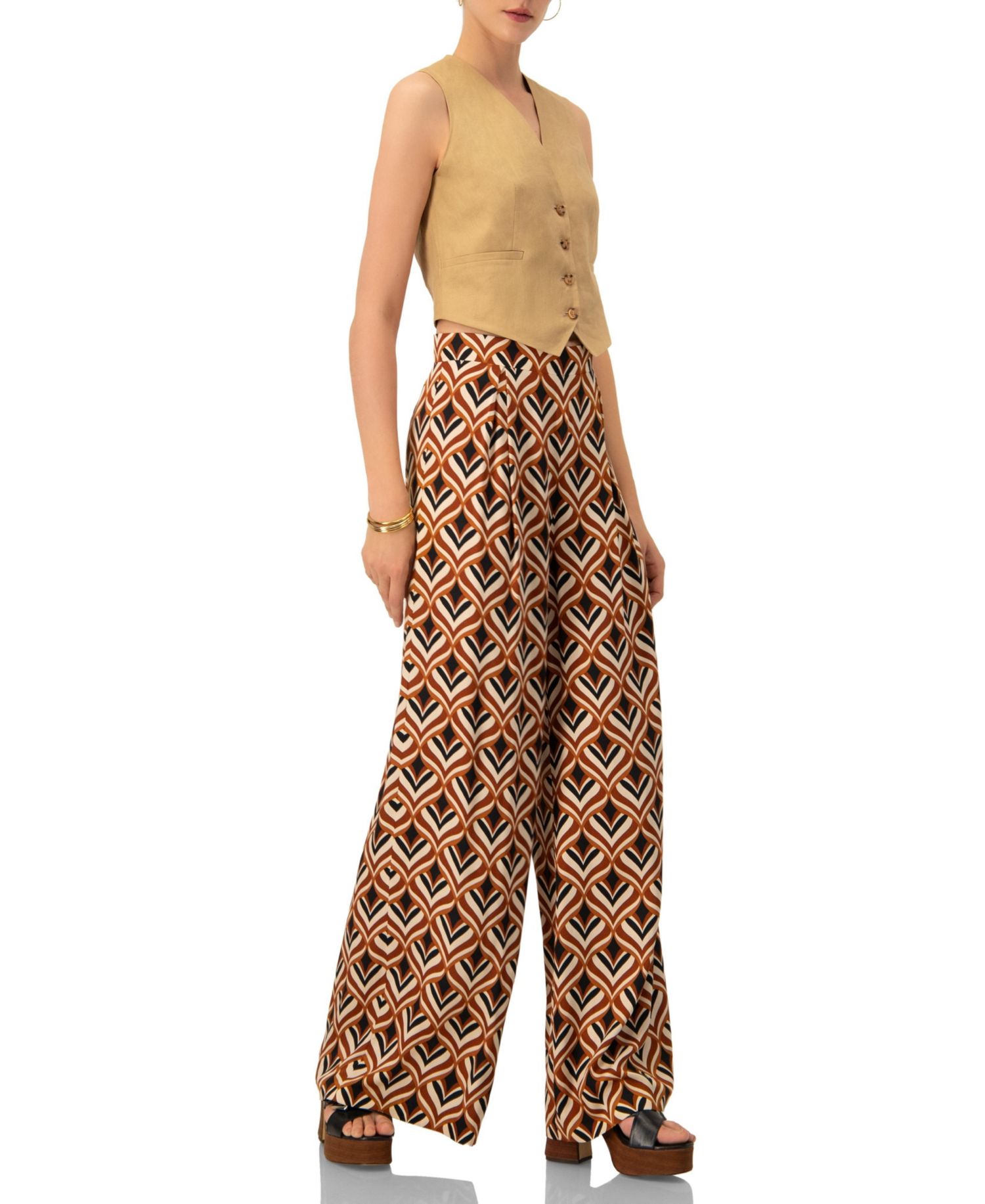 Women's Geometric Wide Leg Printed Pants with Side Zipper