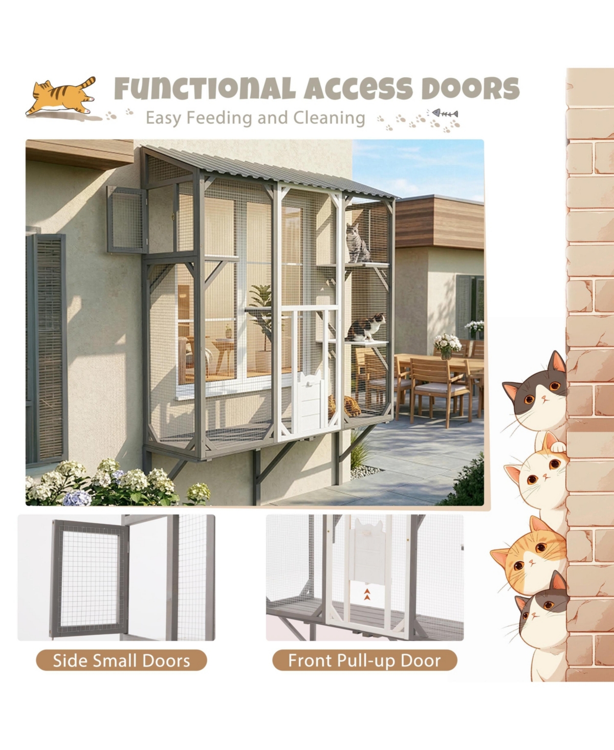 Aostirmotor Outdoor Catio Window Cat Enclosure, Grey and White Cat Climbing Patio with Platforms, Secure Outdoor Cat House for 1-3 Cats