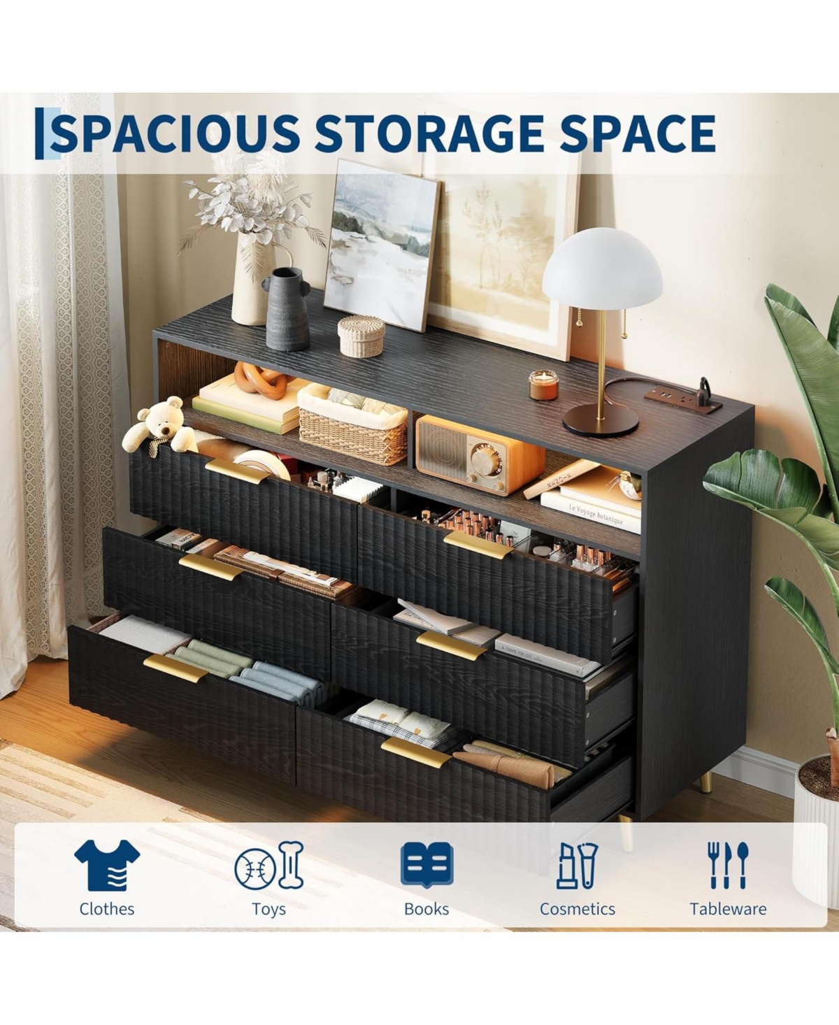 gaomon 6 Drawer Dresser with Led Lights and Charging Station, Fluted Wood Design, Handles, Open Shelf Storage for Any Room.