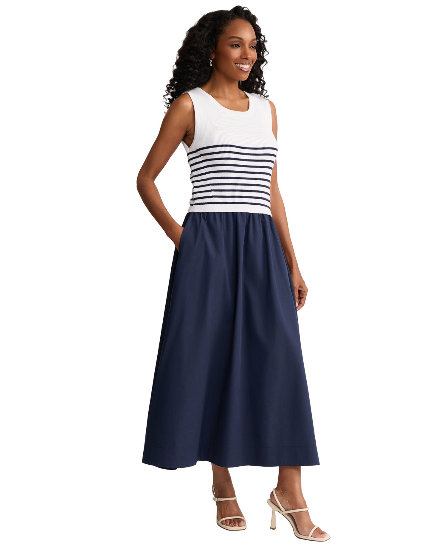 Women's Sleeveless Stripe Ribbed Knit Midi Dress