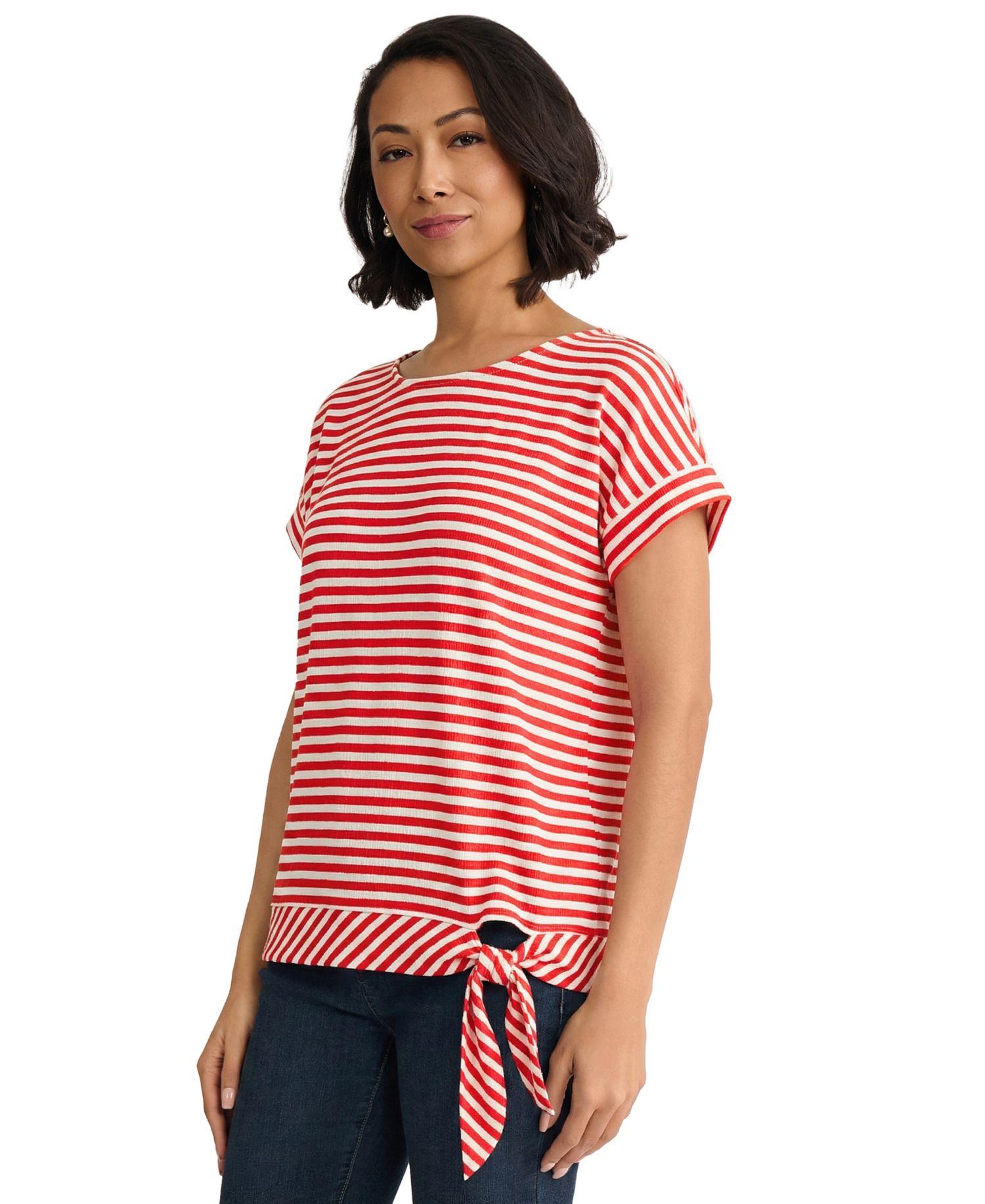 Petite Short-Sleeve Striped Side-Tie Boat Neck T-Shirt