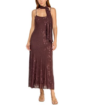 Juniors' Jacquard Mesh Midi Dress with Scarf