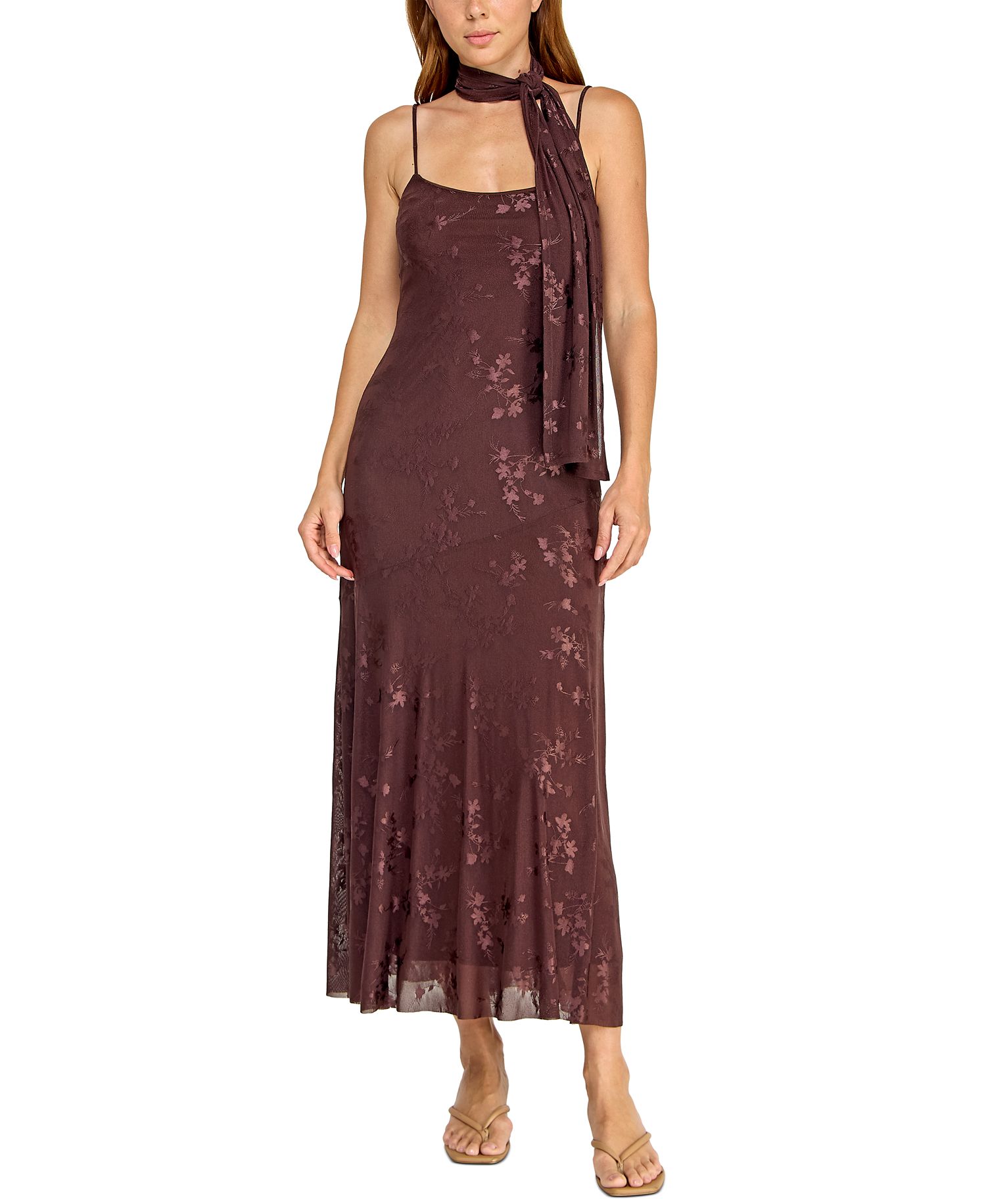 Trixxi Juniors' Jacquard Mesh Midi Dress with Scarf (Brown)