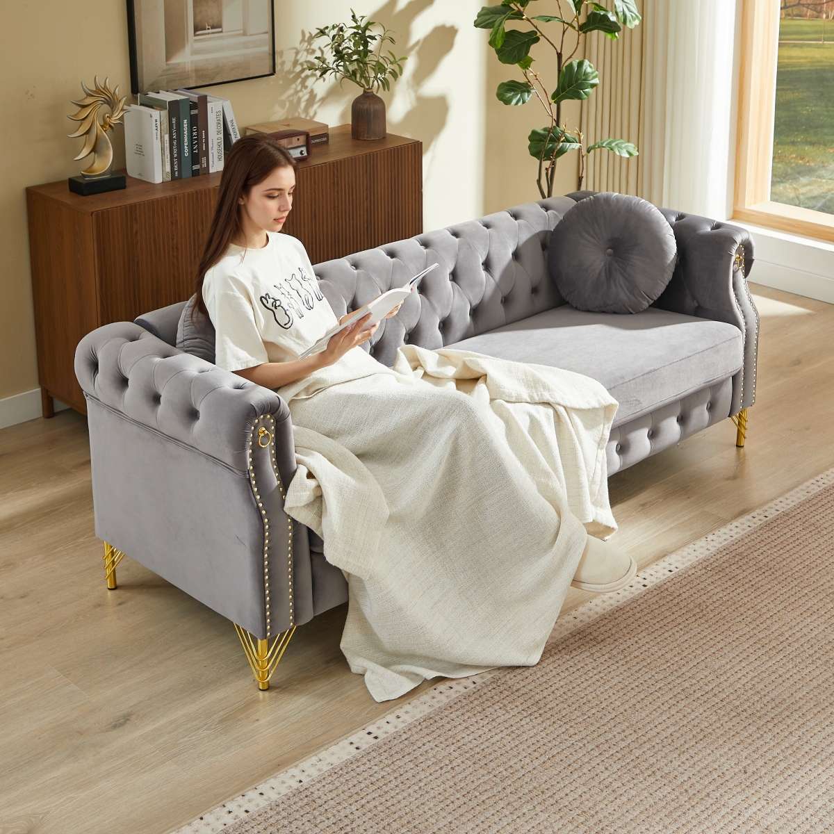 Streamdale Furniture Velvet Chesterfield sofa with copper stud detailing & tufted buttons.