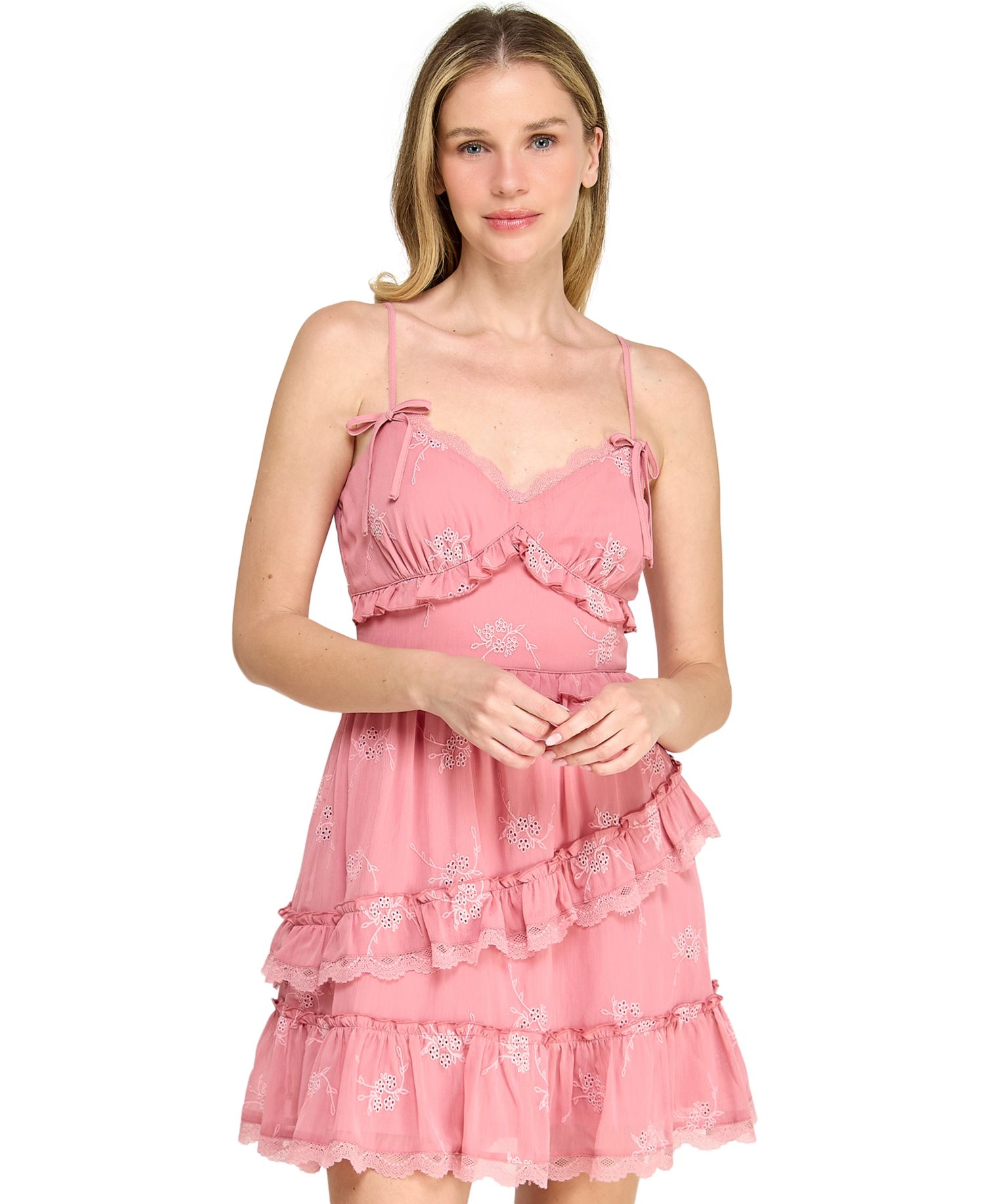 Juniors' Sweetheart Neck Embroidered Short Dress