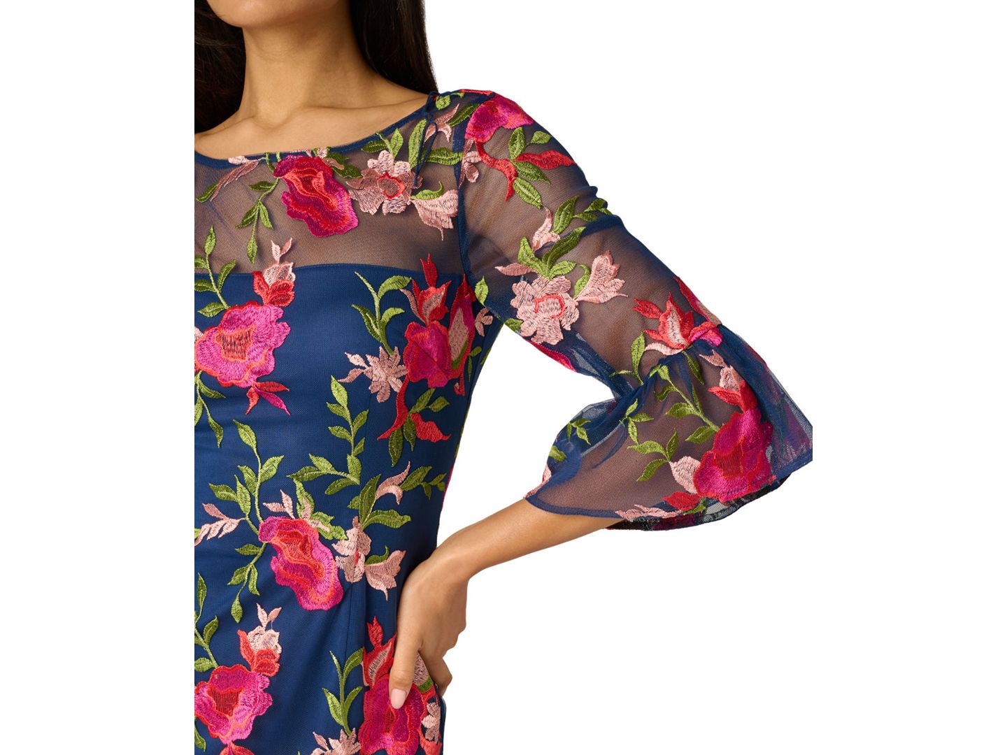 Женское платье Adrianna Papell Petite Embroidered Boat-Neck Short, цвет: Тёмно-синий / Розовый разноцветный — фото 4