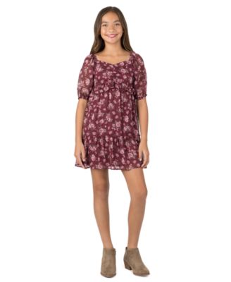 Girls' 7-16 Puff-Sleeve Tiered Knee Dress