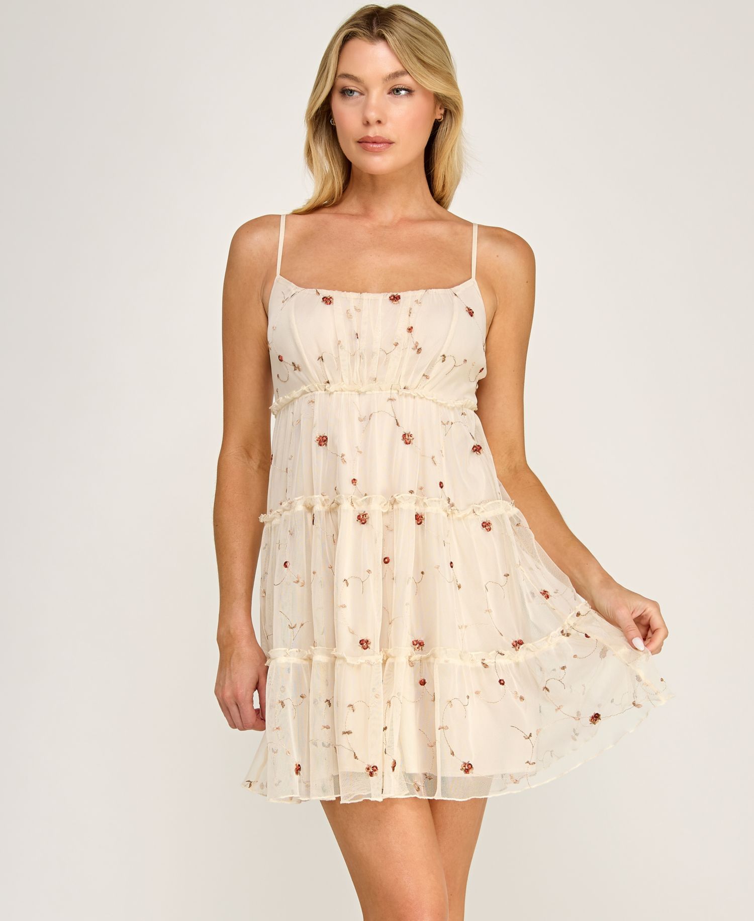 Juniors' Embroidered Sleeveless Mesh Dress