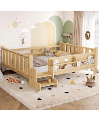 Full Size Floor Bed with Storage Bookcases, Stairs, and Guardrails