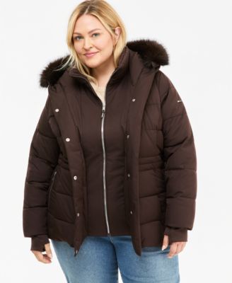 Plus Size Bibbed Faux-Fur Hooded Utility Puffer Coat