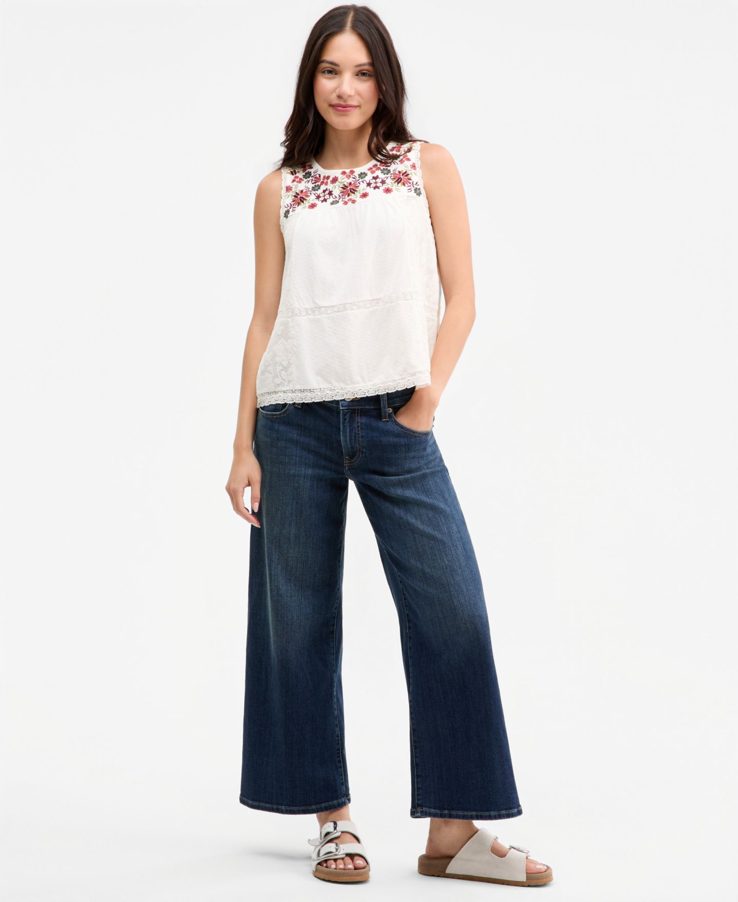 Женский топ Lucky Brand Embroidered-Yoke Lace-Inset Top, цвет: Кремовый — фото 2