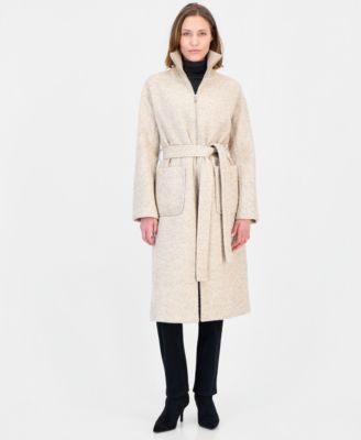 Women's Belted Knit-Collar Textured Coat