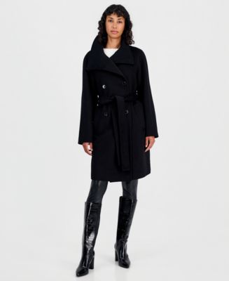 Calvin Klein Women's Double-Breasted Wrap Knit-Collared Coat - Macy's