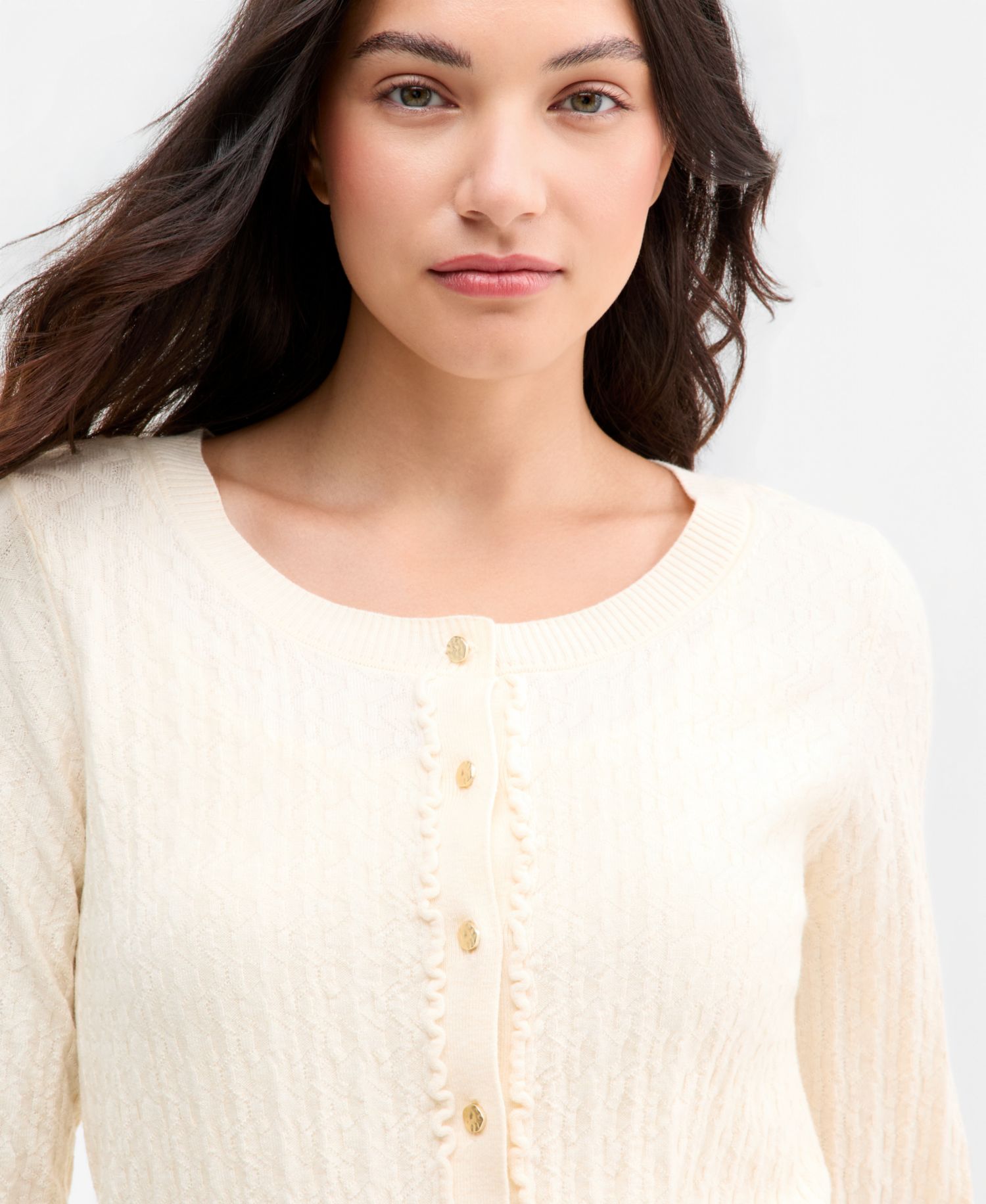 Women's Long-Sleeve Button-Front Ruffle Cardigan