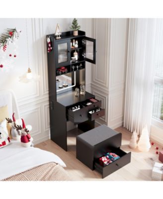 Compact 3-in-1 Vanity Desk with Mirror and LED Lights - Modern Makeup Table with Drawers, Storage Compartment, Rolling Chair