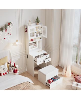 Compact 3-in-1 Vanity Desk with Mirror and LED Lights - Modern Makeup Table with Drawers, Storage Compartment, Rolling Chair