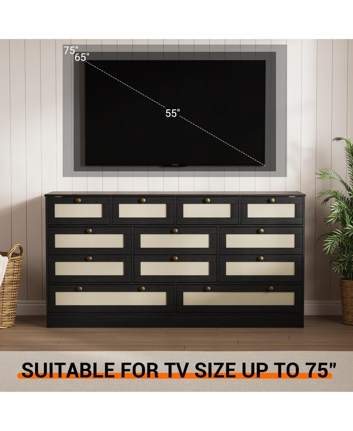 homfan Modern 12 Drawer Sturdy Wood Dresser- Extra Wide Chest with Deep Storage - Tv Stand for 65 Inch Versatile Living Room, Closet