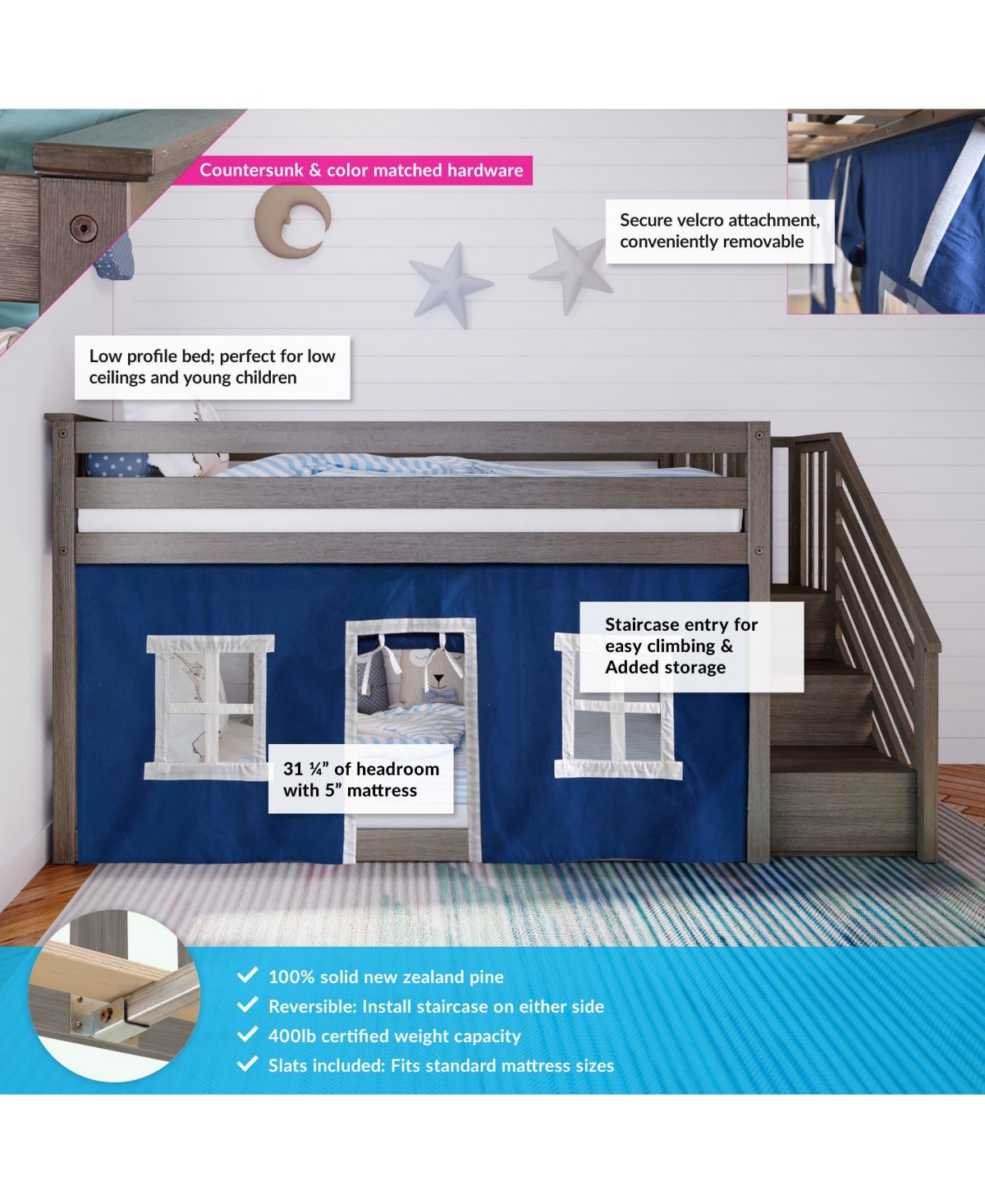 Max & Lily Twin Low Bunk Bed with Staircase and Curtains