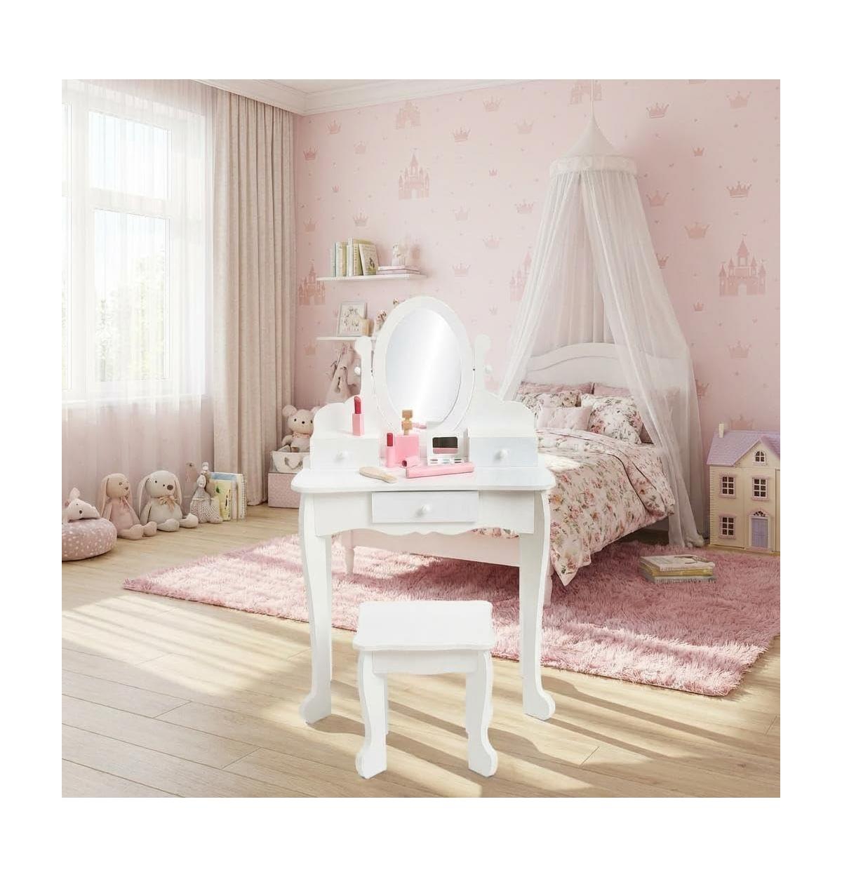 gaomon Kids Vanity Table and Chair Set with Oval Mirror, Drawer & Stool, Wooden Pretend Play Set.