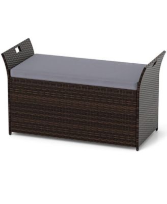 Outdoor Storage Bench with PE Rattan Wicker Cushion and Side Handles