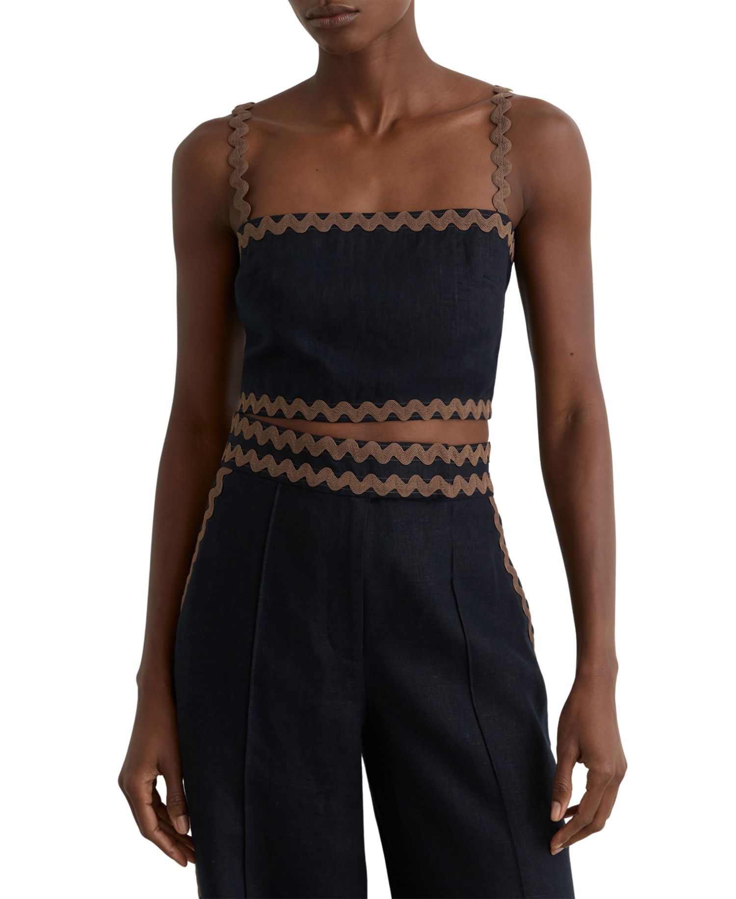 Women's Linen Wave-Trim Wide-Leg Trousers