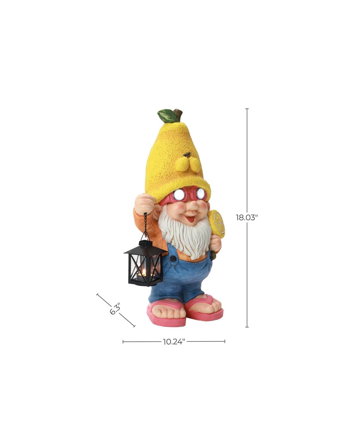 LuxenHome 18" Solar Powered Garden Gnome Outdoor Statue with Lantern, Lemon Hat Gnome Sculpture for Lawn, Garden